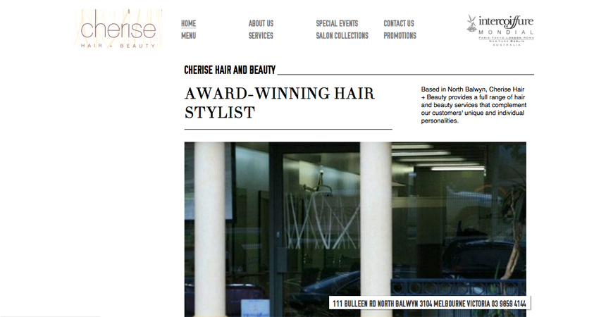 The Homepage of the Cherise Hair & Beauty website