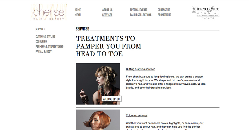 The Services page of the Cherise Hair & Beauty website