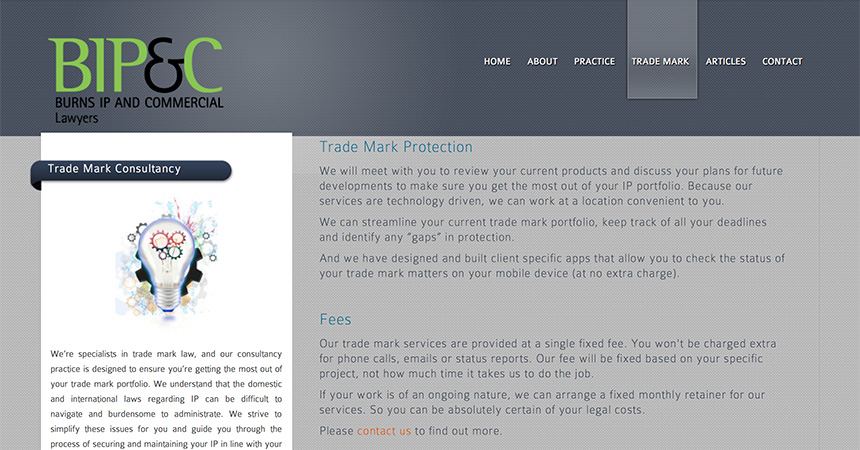 Burns IP Trade Mark Consultancy page